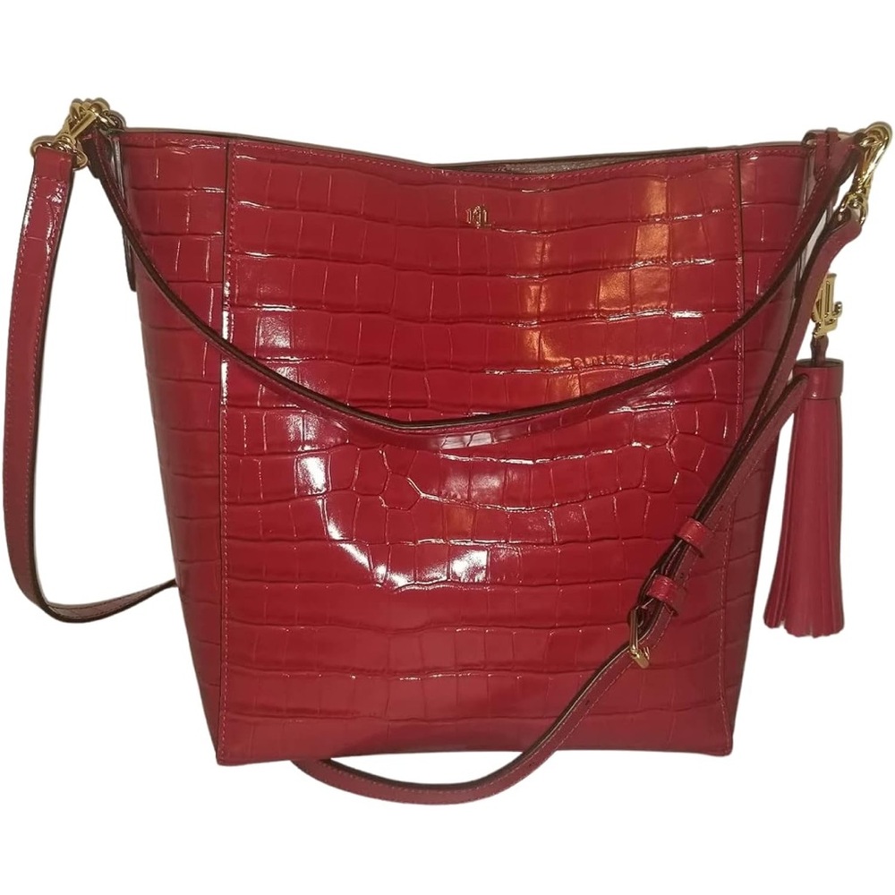 NWT. Ralph Lauren Embossed Red Adley Shoulder Bag with tassel - Picture 2 of 14